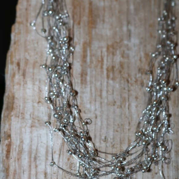 NEW Grey Fine Delicate Knotted Tiny Beads w Layered Strings Necklace Earring Set - Picture 1 of 3